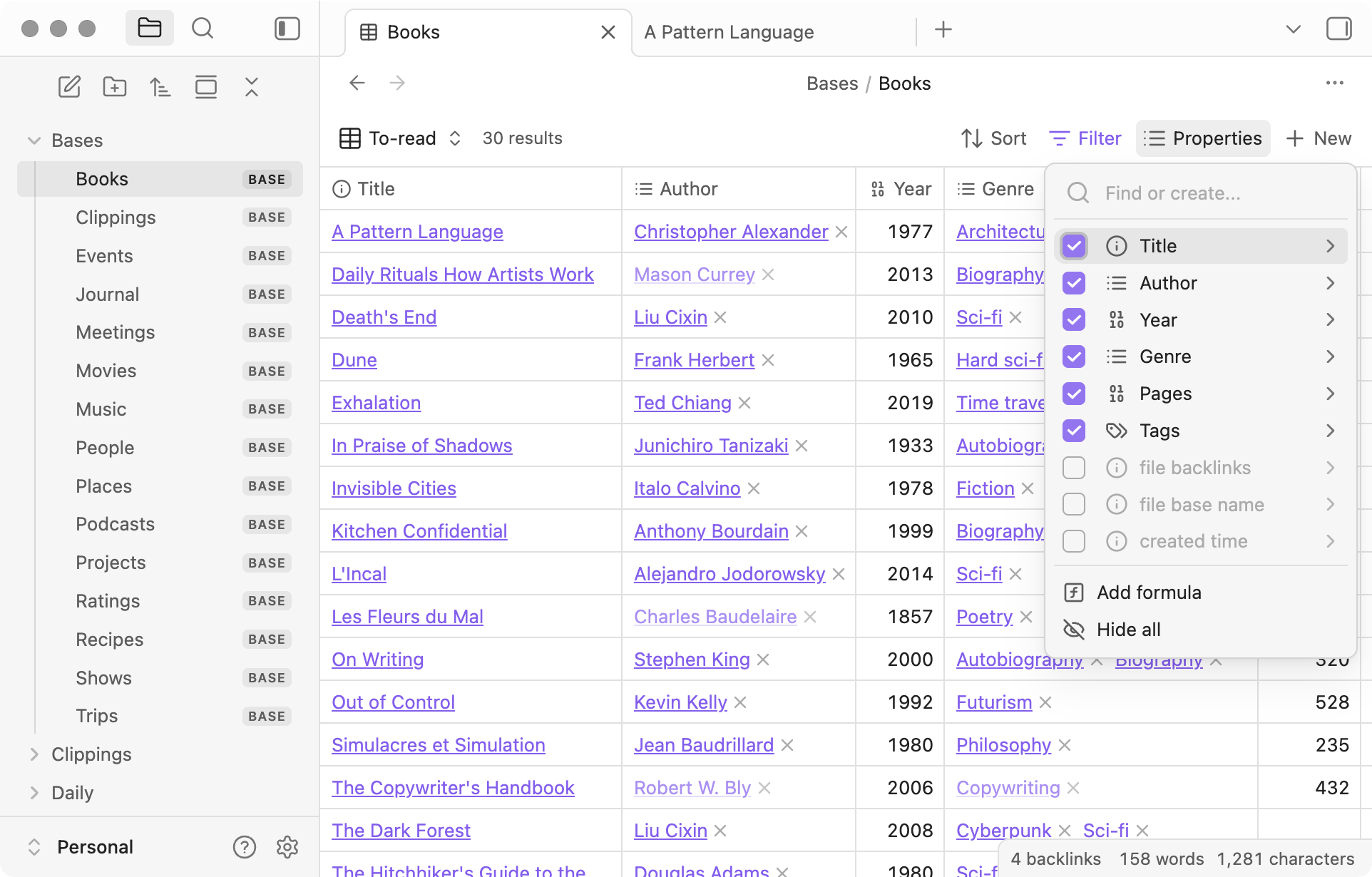 Obsidian Bases table showing a reading library with sortable metadata columns and a properties panel.