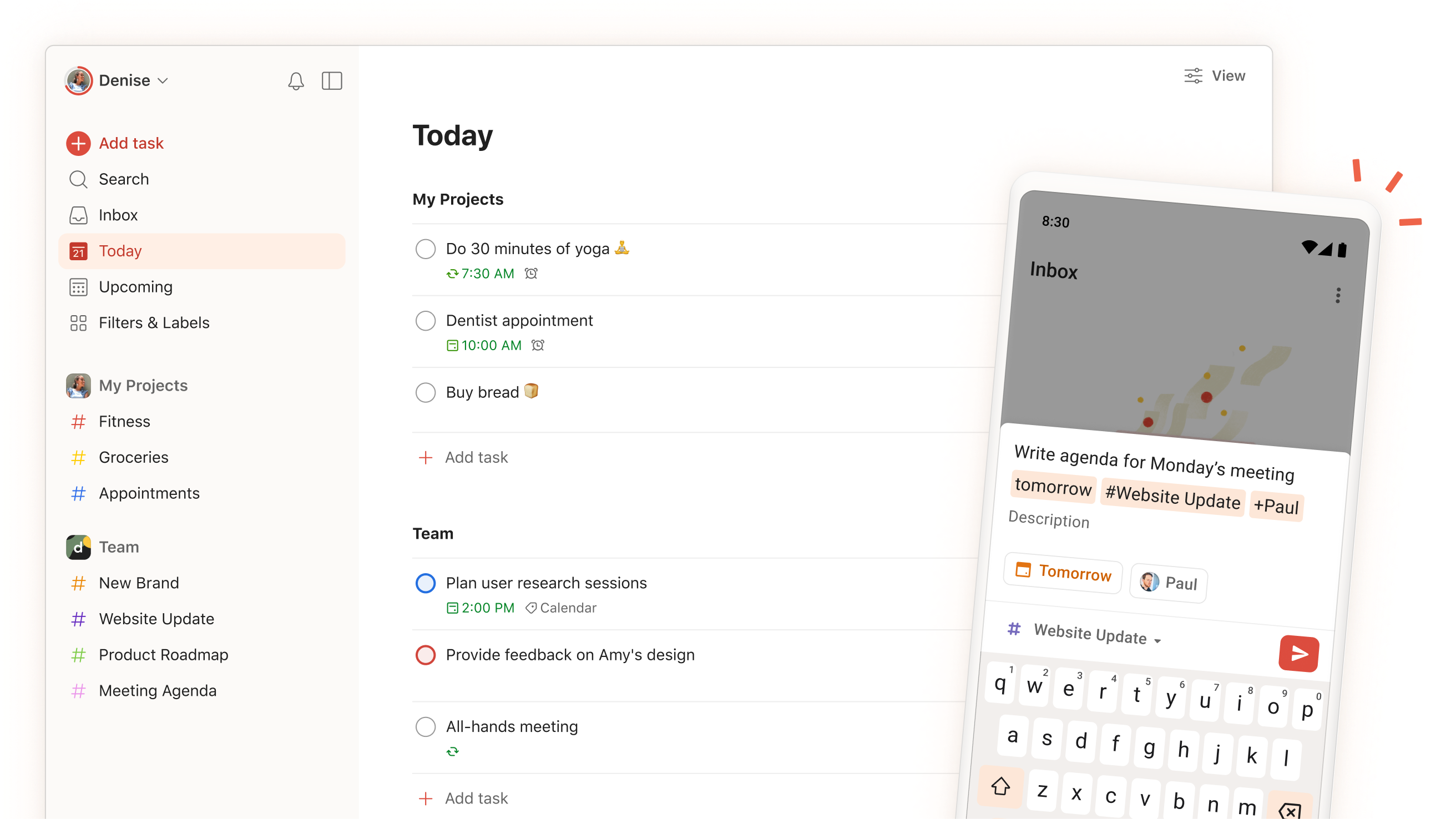 Todoist desktop Today view with tasks and project navigation alongside a mobile task-entry view.
